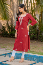 Red Cotton Blend Chikankari Embroidered Kurta