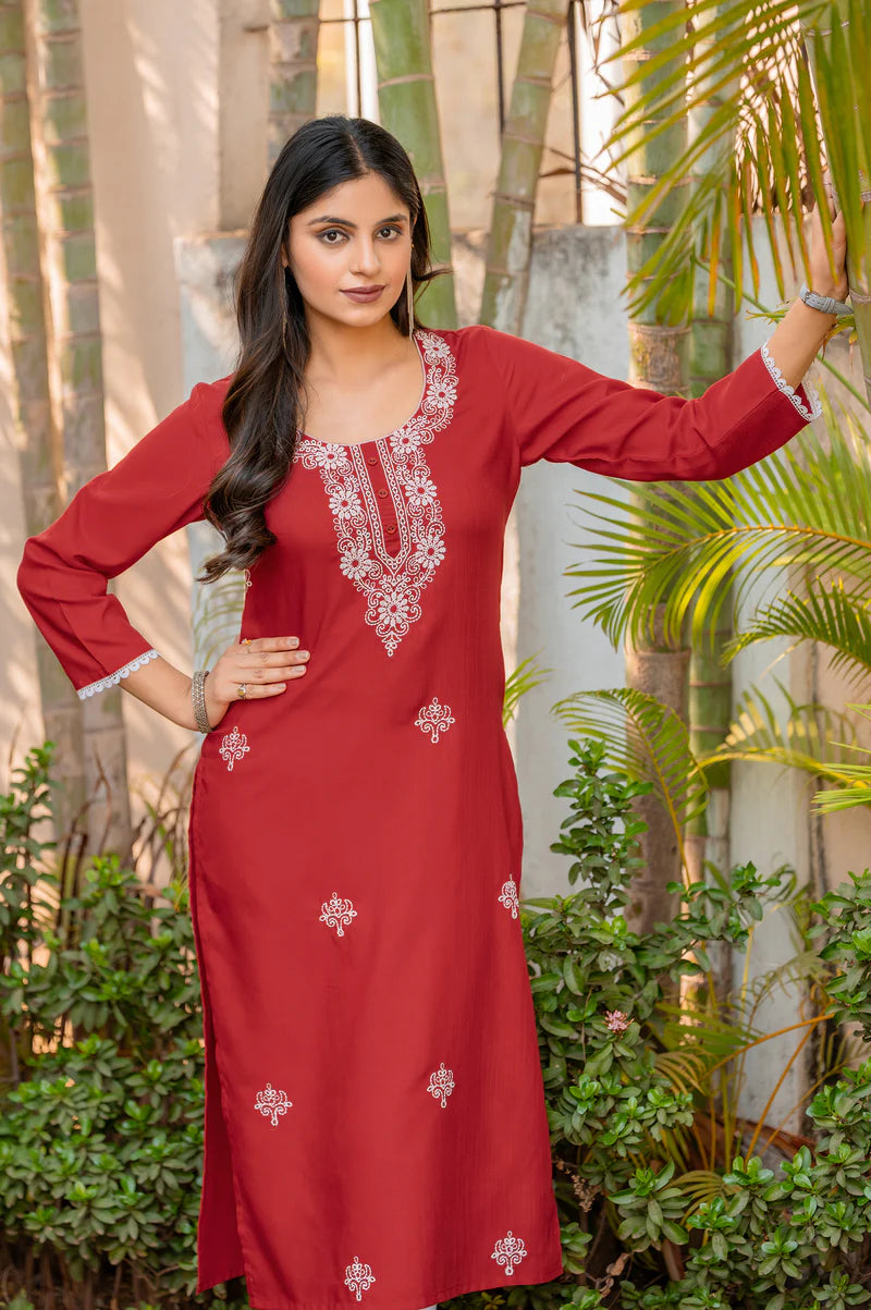 Red Cotton Blend Chikankari Embroidered Kurta