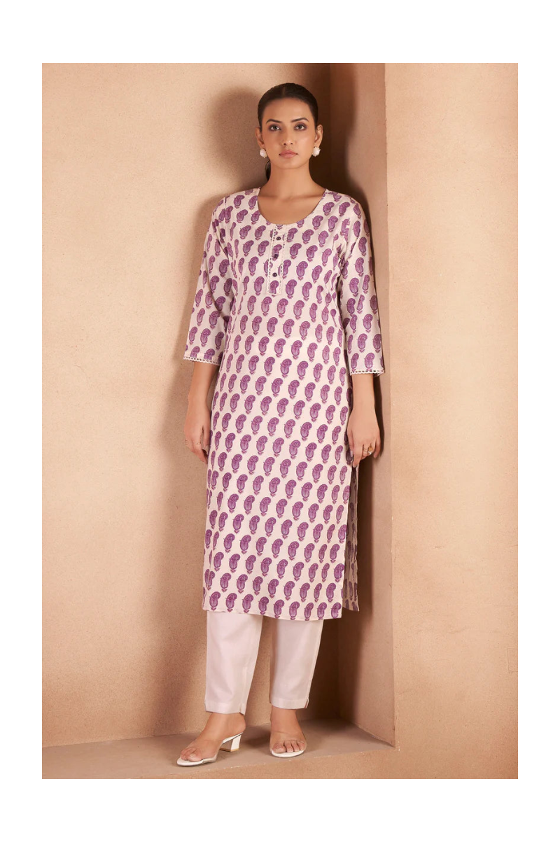 Cream & Wine Pure Cotton Paisley Printed Kurta