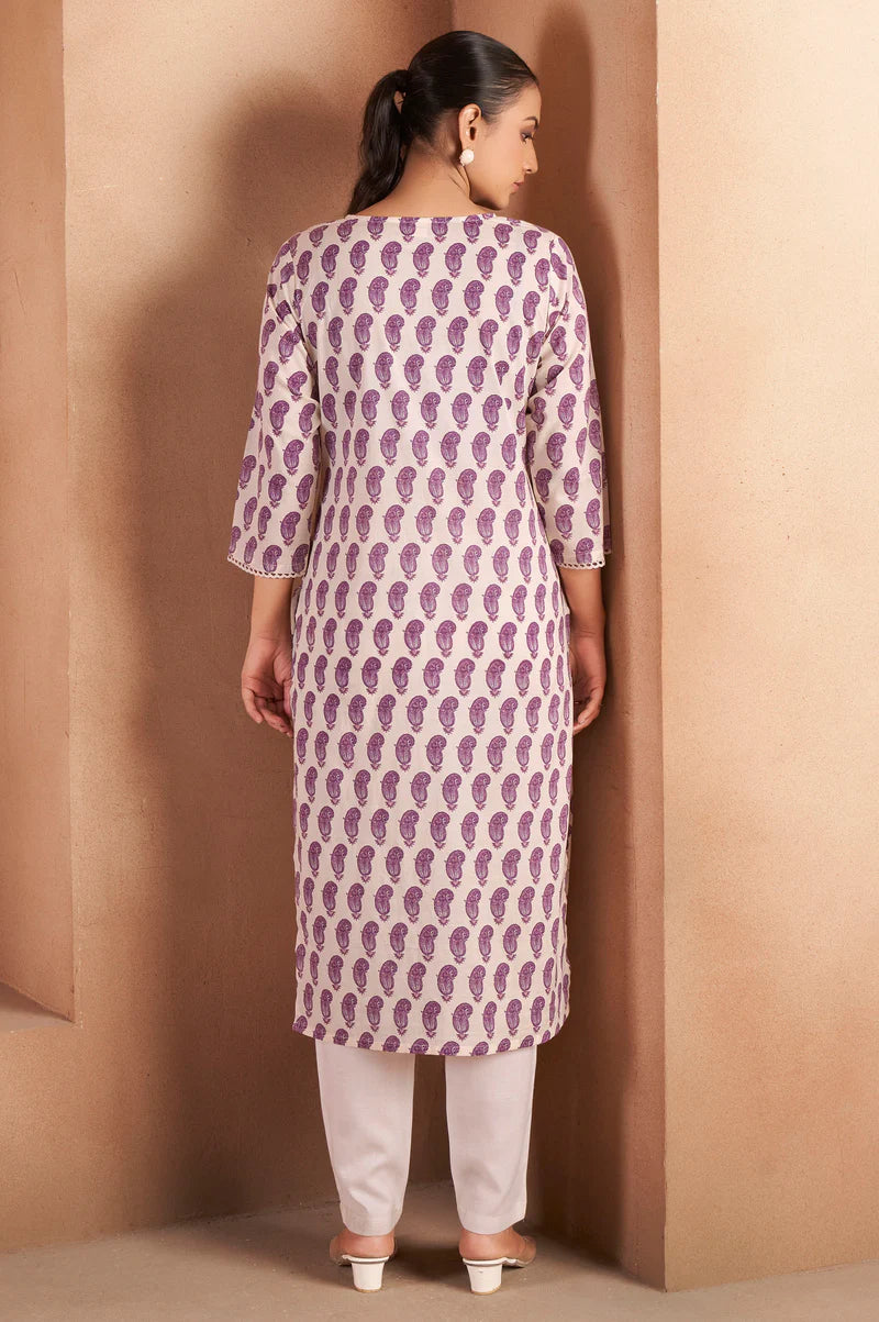 Cream & Wine Pure Cotton Paisley Printed Kurta