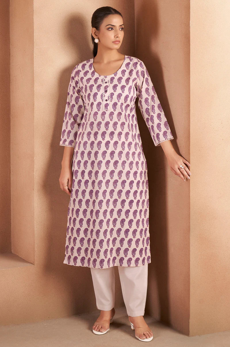 Cream & Wine Pure Cotton Paisley Printed Kurta