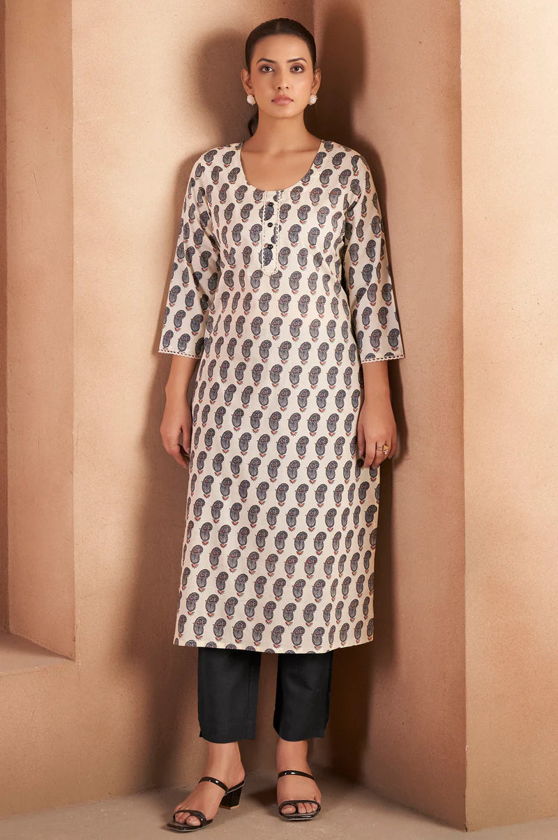 Cream & Wine Pure Cotton Paisley Printed Kurta