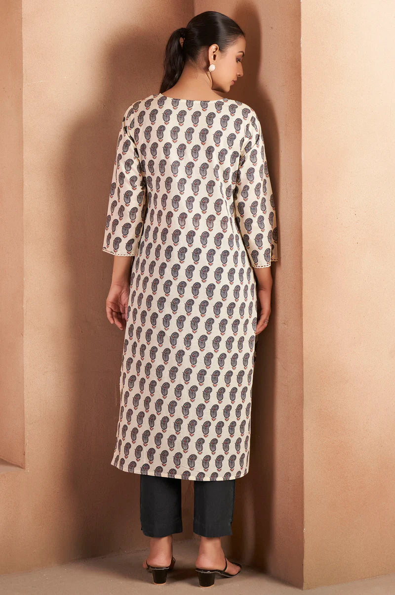 Cream & Wine Pure Cotton Paisley Printed Kurta
