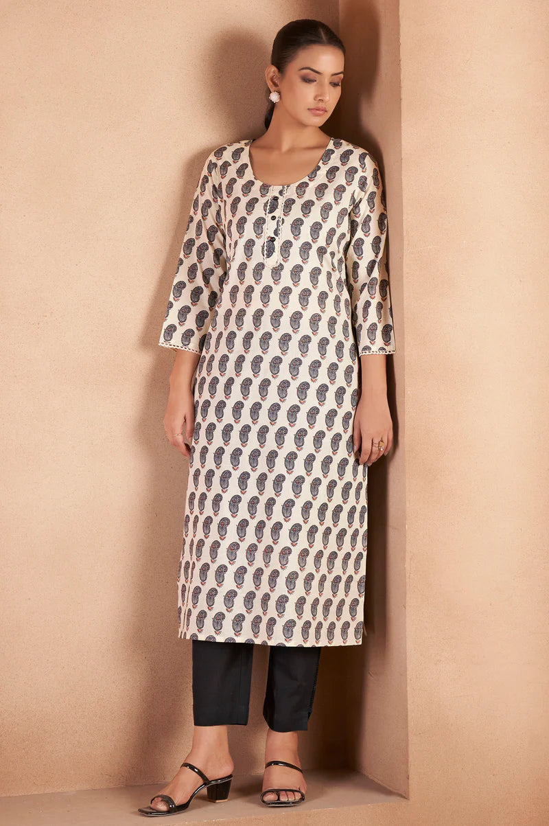 Cream & Wine Pure Cotton Paisley Printed Kurta