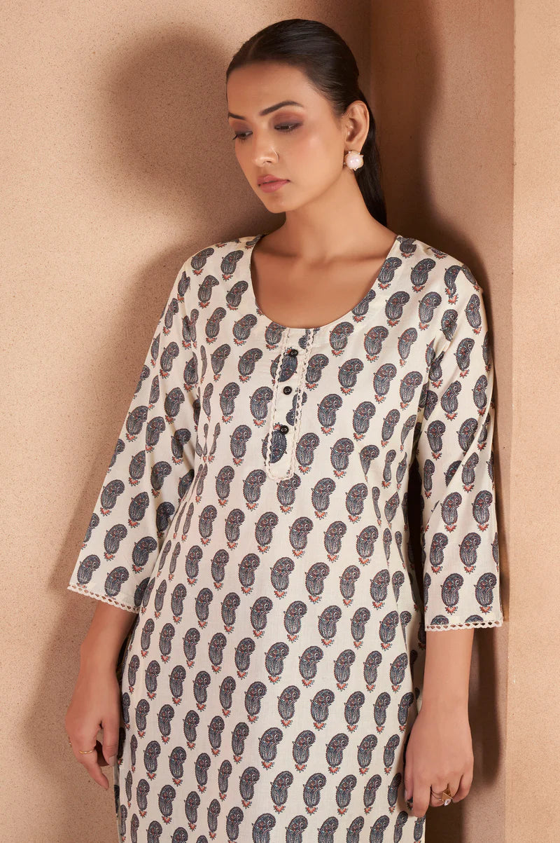 Cream & Wine Pure Cotton Paisley Printed Kurta