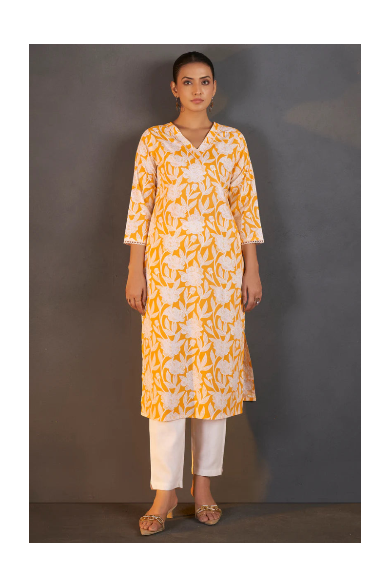 Yellow Pure Cotton Floral Printed Kurta