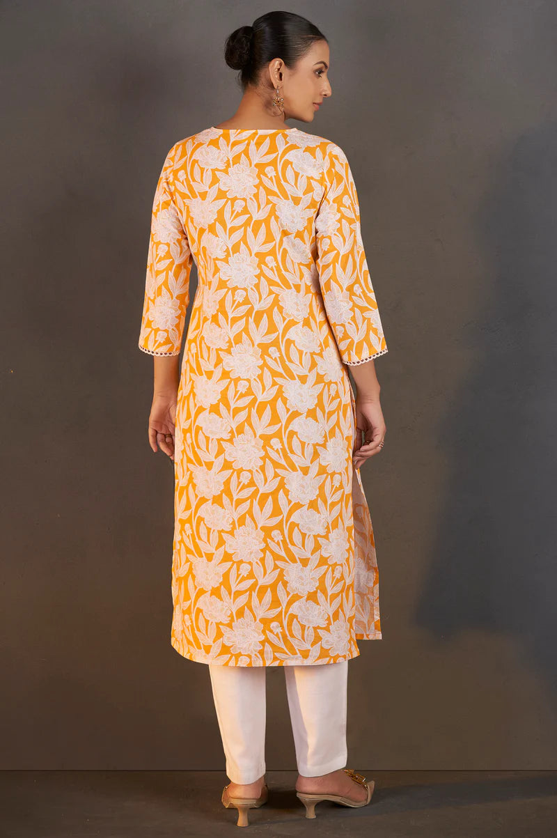 Yellow Pure Cotton Floral Printed Kurta