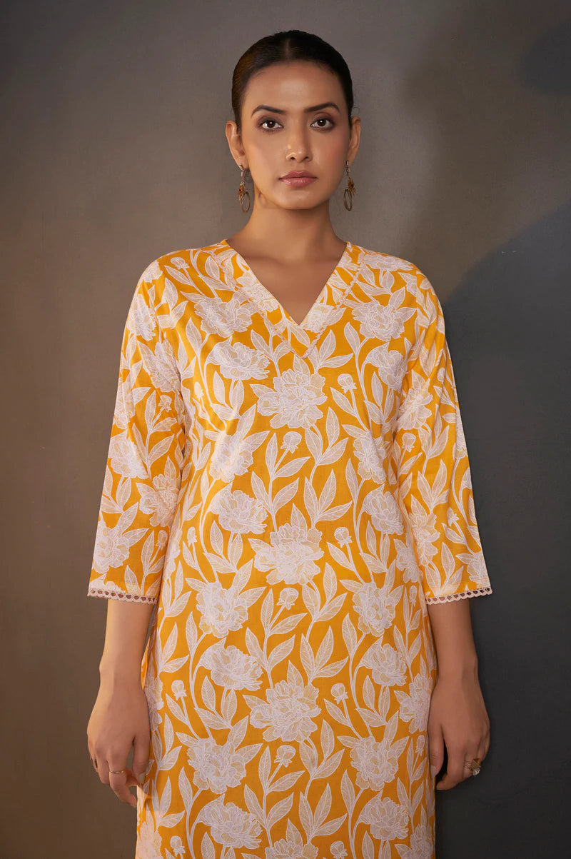 Yellow Pure Cotton Floral Printed Kurta