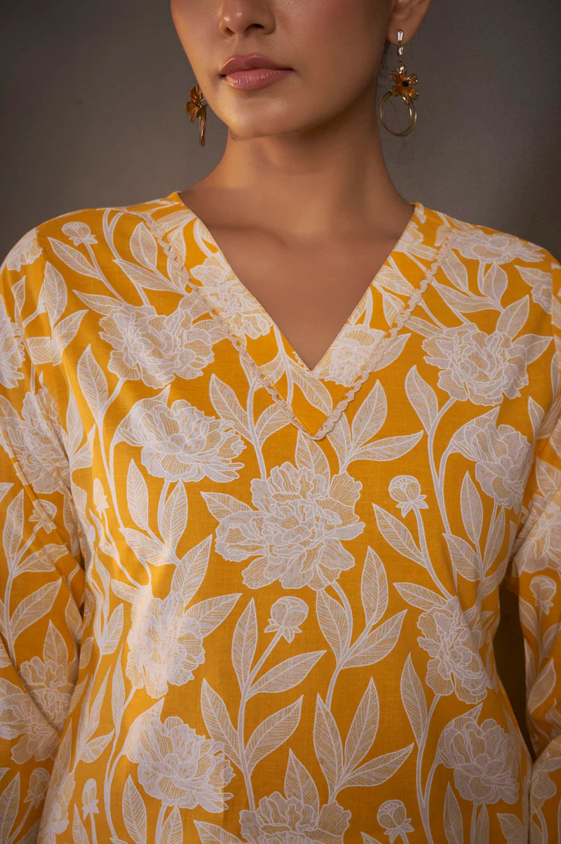 Yellow Pure Cotton Floral Printed Kurta