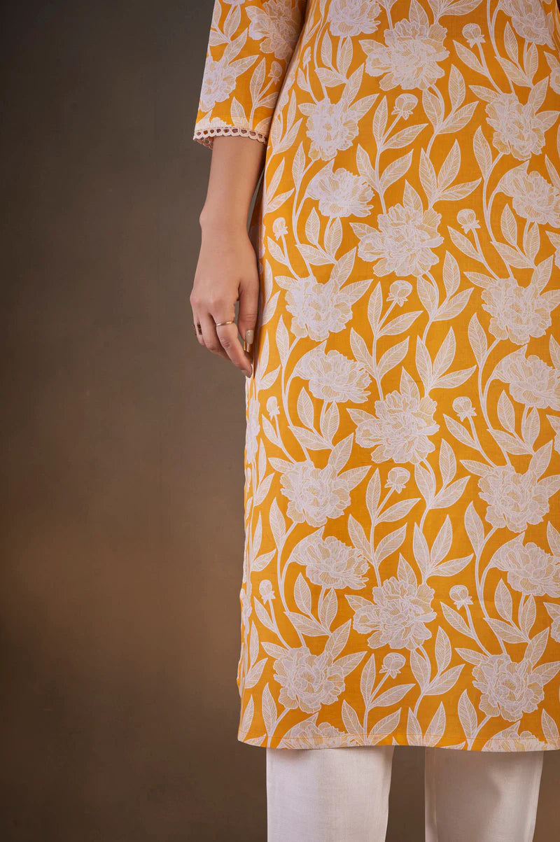Yellow Pure Cotton Floral Printed Kurta