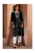 Black Cotton Blend Chikankari Embroidered Kurta