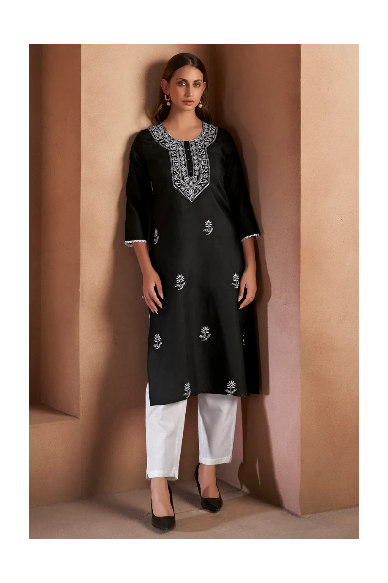 Black Cotton Blend Chikankari Embroidered Kurta