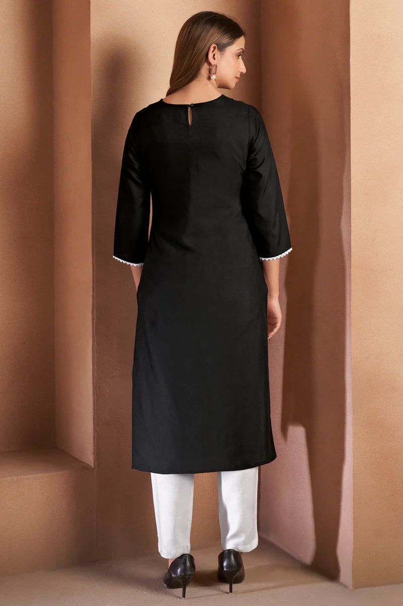Black Cotton Blend Chikankari Embroidered Kurta
