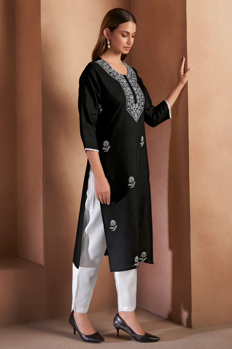 Black Cotton Blend Chikankari Embroidered Kurta