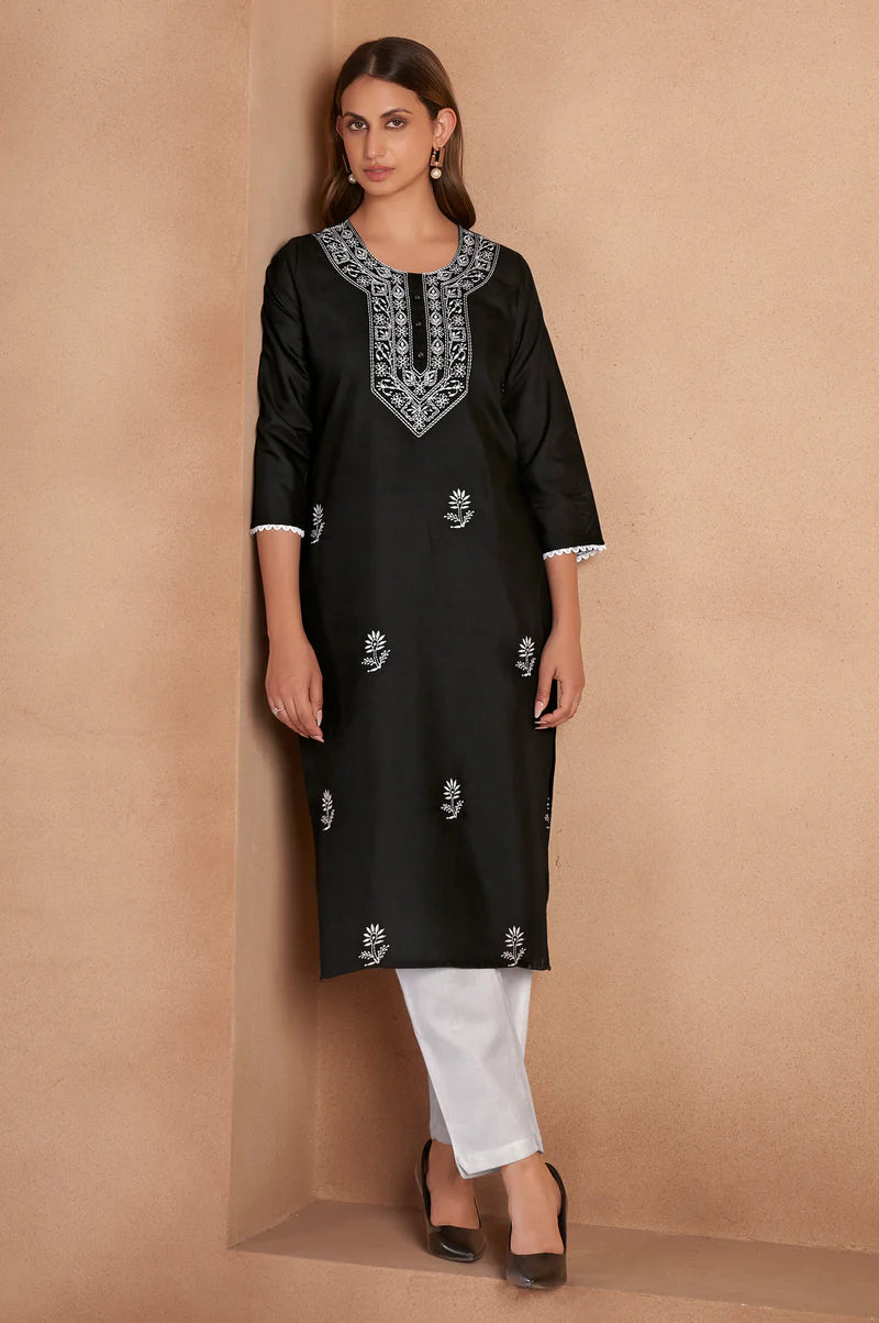 Black Cotton Blend Chikankari Embroidered Kurta