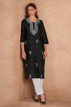 Black Cotton Blend Chikankari Embroidered Kurta