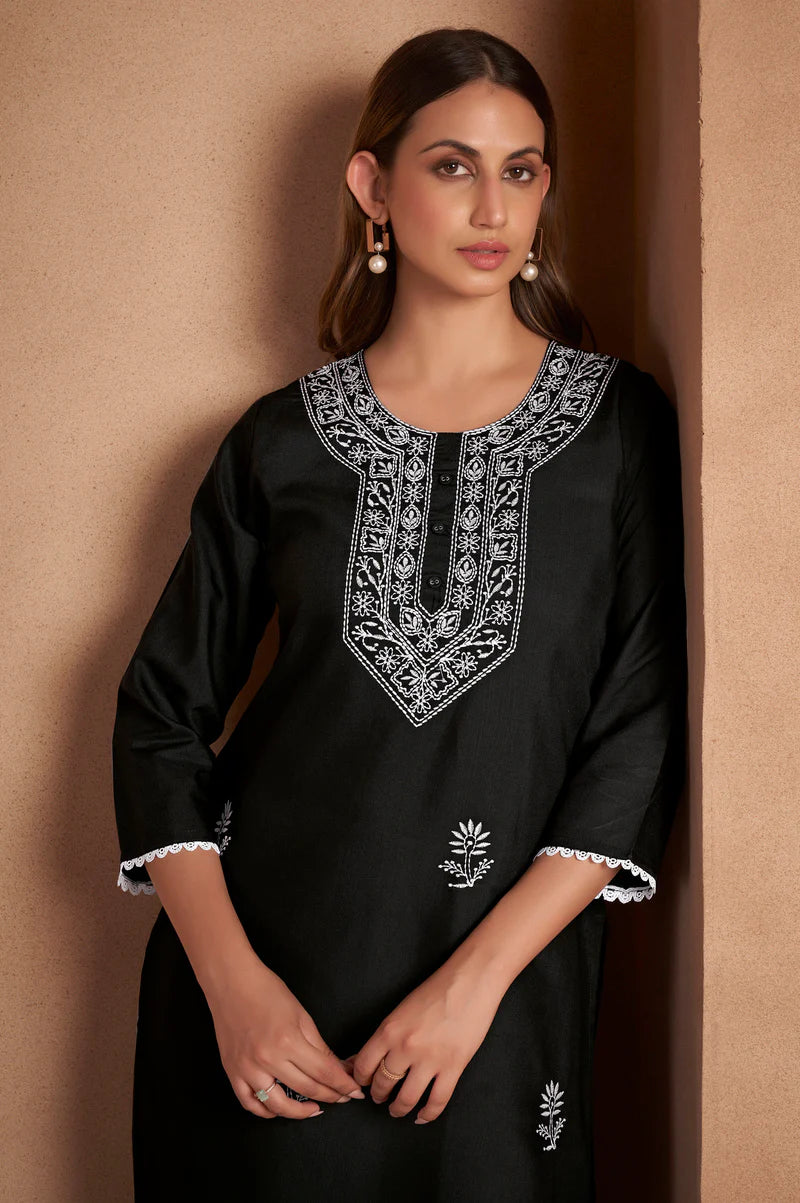 Black Cotton Blend Chikankari Embroidered Kurta