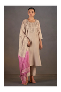 Cream Roman Silk Embroidered with Sequined Work Kurta Set With Dupatta
