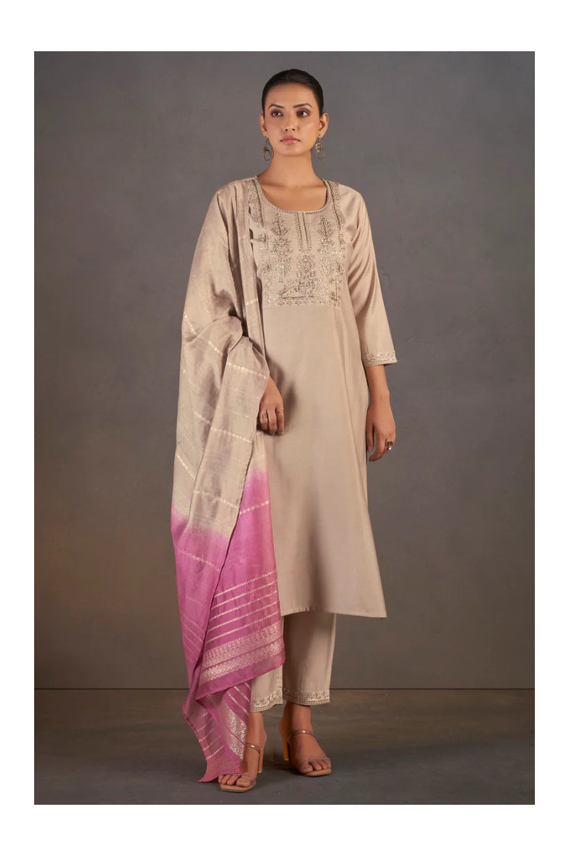 Cream Roman Silk Embroidered with Sequined Work Kurta Set With Dupatta