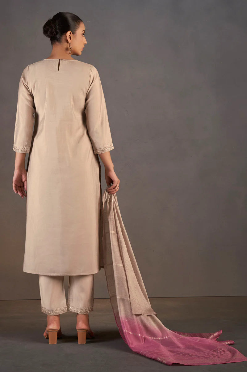 Cream Roman Silk Embroidered with Sequined Work Kurta Set With Dupatta