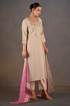 Cream Roman Silk Embroidered with Sequined Work Kurta Set With Dupatta
