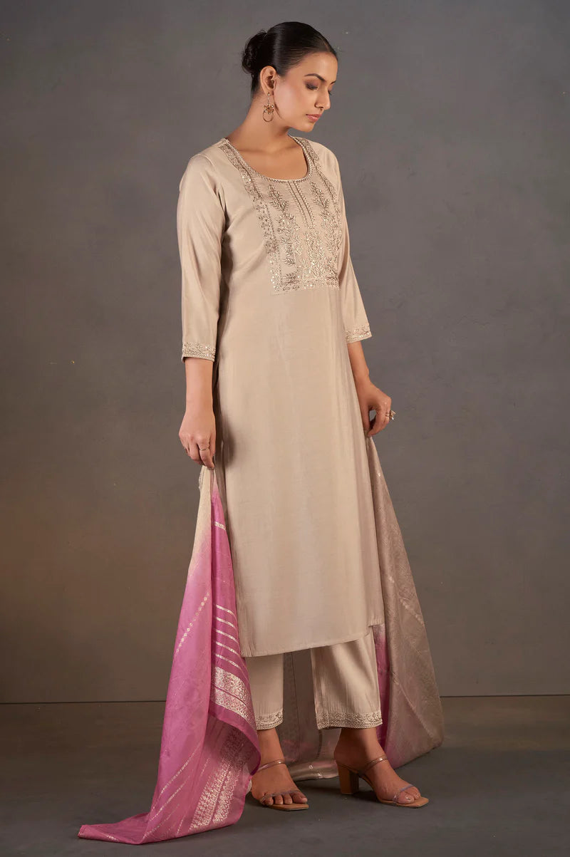 Cream Roman Silk Embroidered with Sequined Work Kurta Set With Dupatta