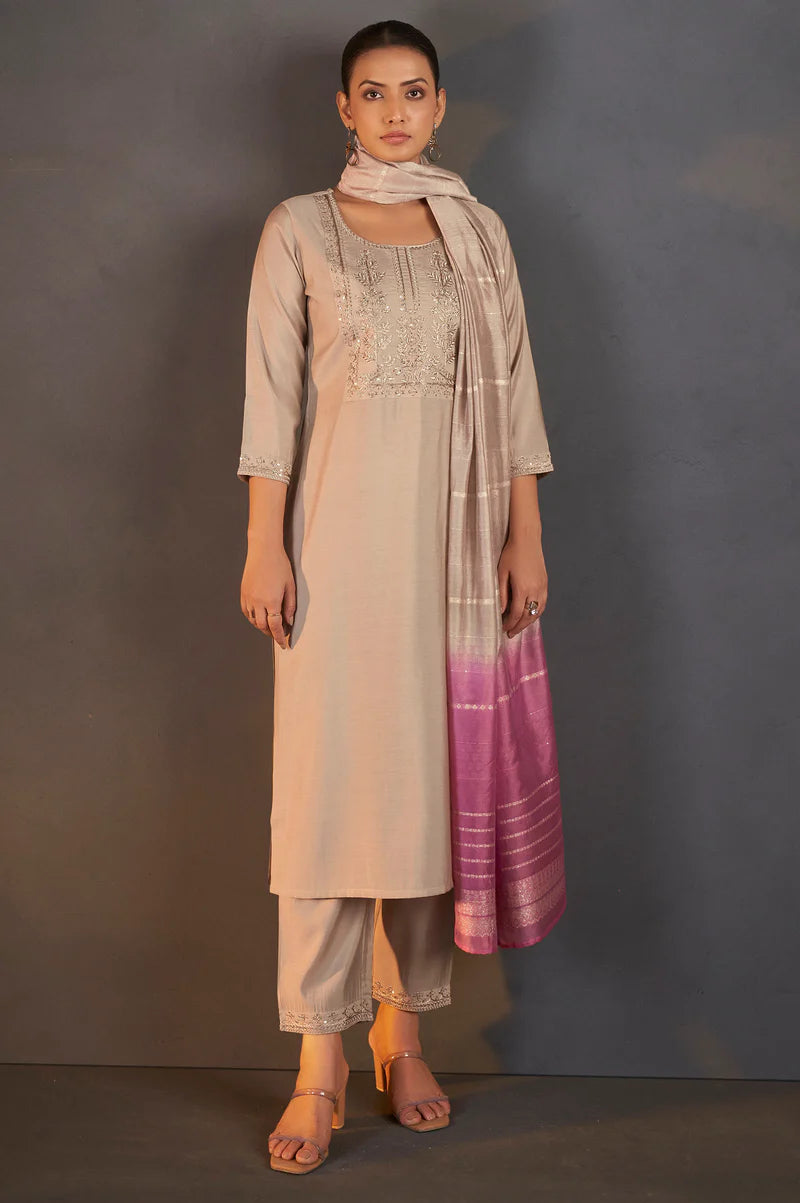 Cream Roman Silk Embroidered with Sequined Work Kurta Set With Dupatta