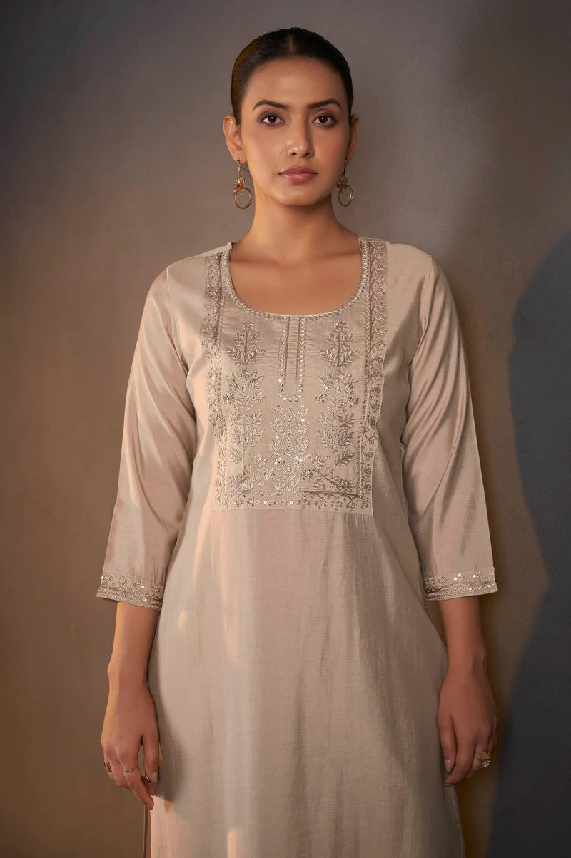 Cream Roman Silk Embroidered with Sequined Work Kurta Set With Dupatta