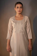 Cream Roman Silk Embroidered with Sequined Work Kurta Set With Dupatta