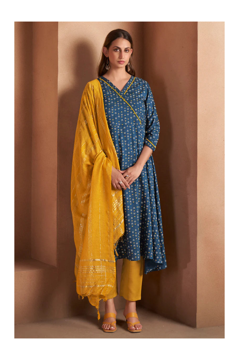 Navy Blue Viscose Rayon Printed Kurta Set