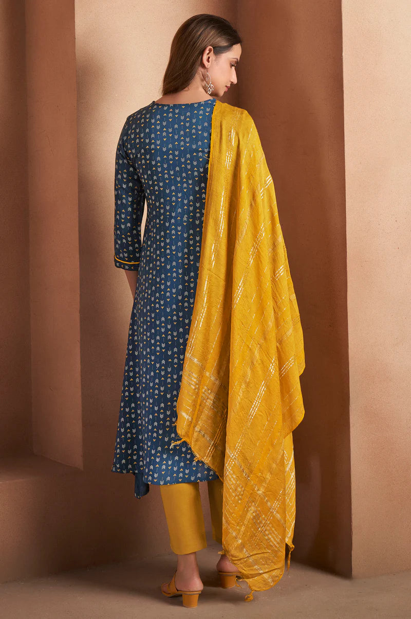 Navy Blue Viscose Rayon Printed Kurta Set