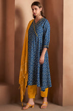Navy Blue Viscose Rayon Printed Kurta Set