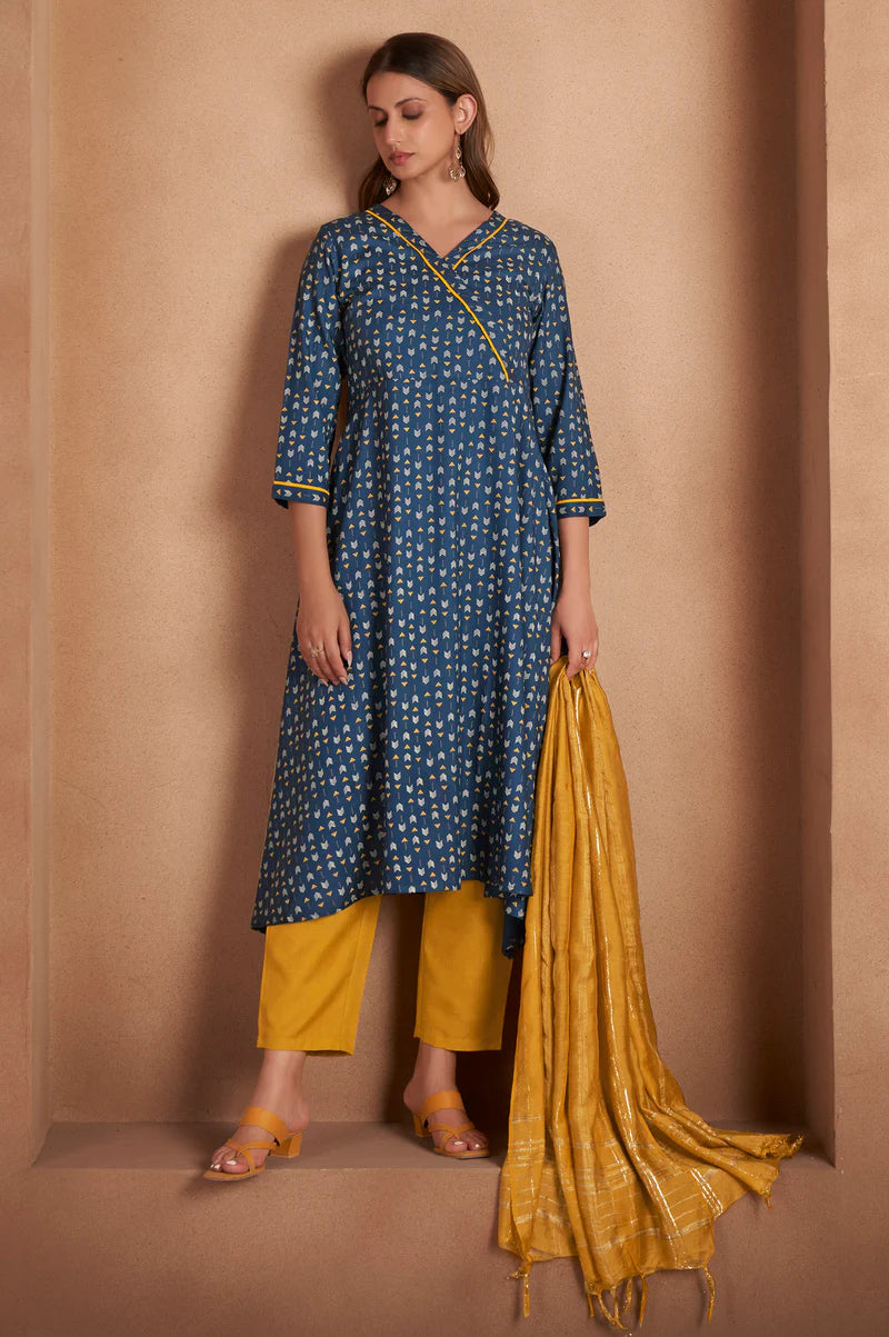 Navy Blue Viscose Rayon Printed Kurta Set