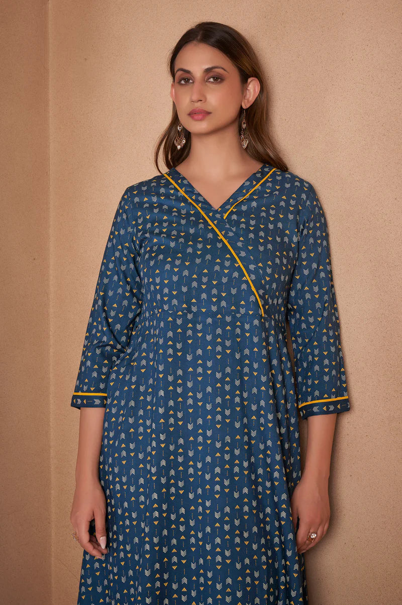 Navy Blue Viscose Rayon Printed Kurta Set
