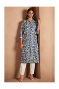 Turquoise Cotton Blend Floral Printed Kurta