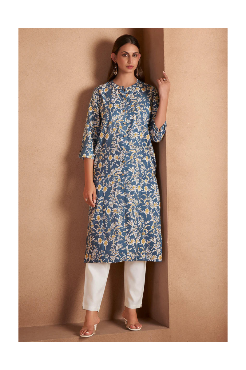 Turquoise Cotton Blend Floral Printed Kurta