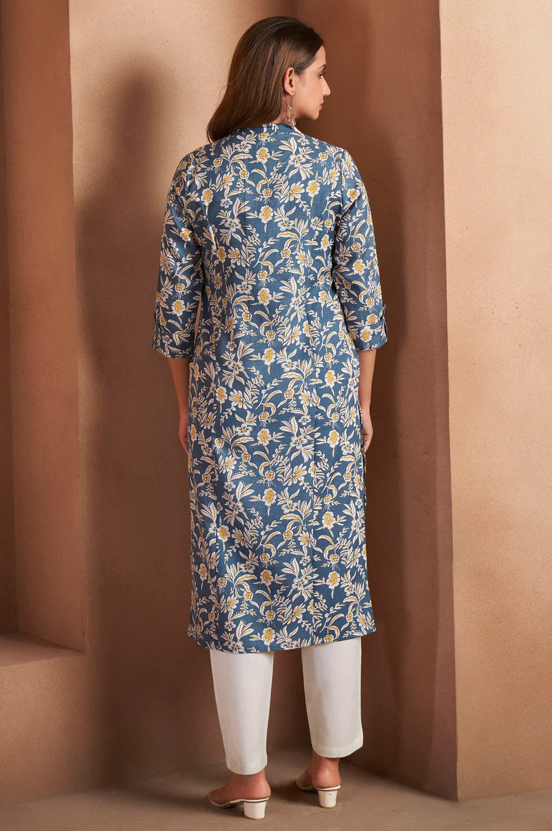 Turquoise Cotton Blend Floral Printed Kurta