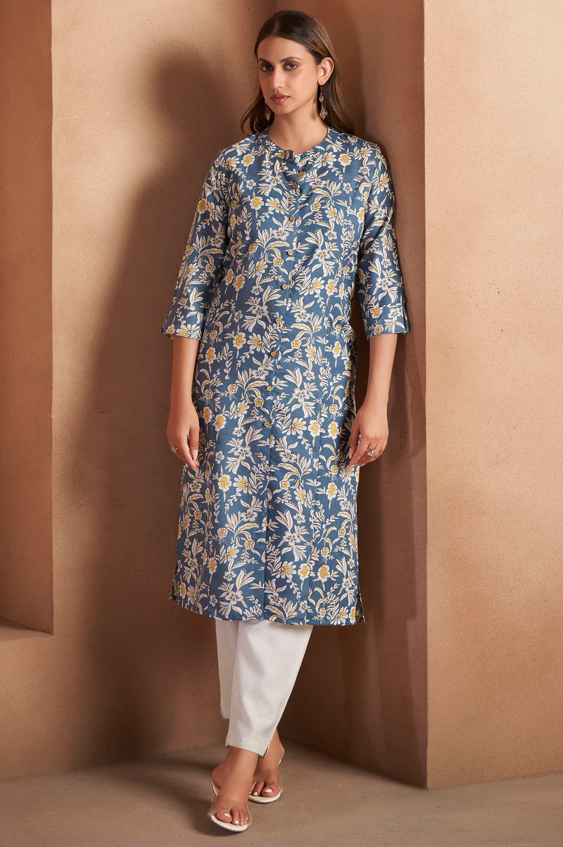 Turquoise Cotton Blend Floral Printed Kurta