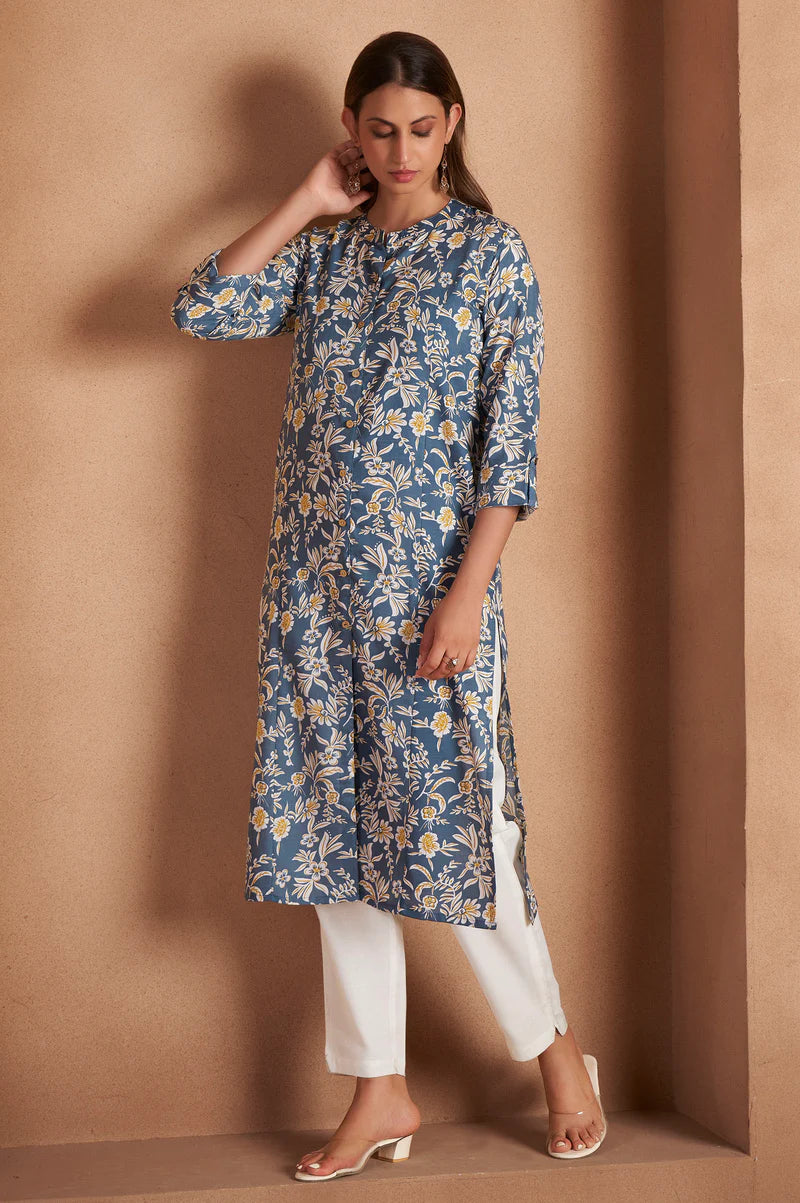 Turquoise Cotton Blend Floral Printed Kurta