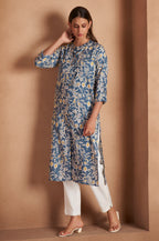 Turquoise Cotton Blend Floral Printed Kurta