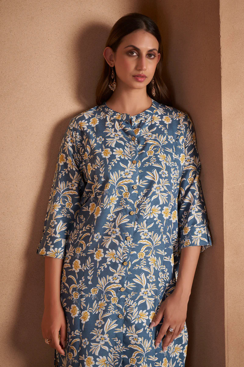 Turquoise Cotton Blend Floral Printed Kurta