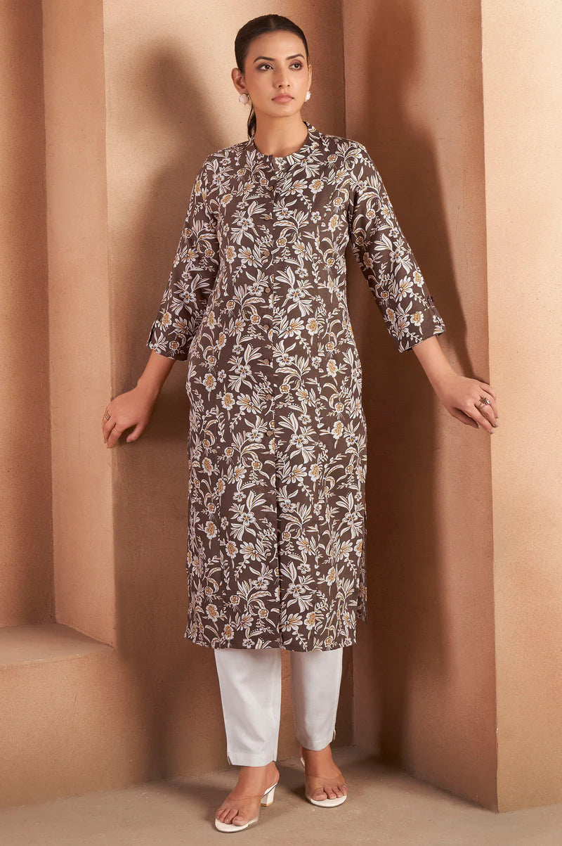 Turquoise Cotton Blend Floral Printed Kurta