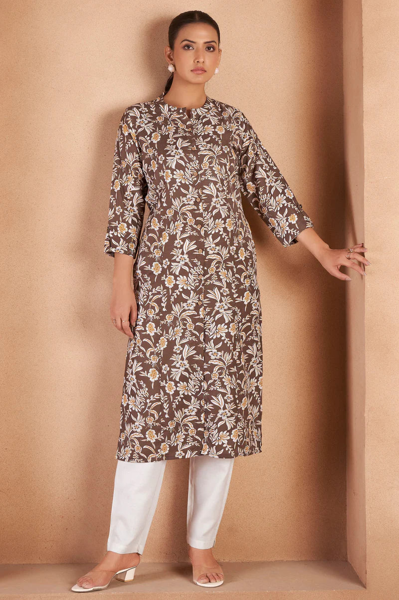 Turquoise Cotton Blend Floral Printed Kurta