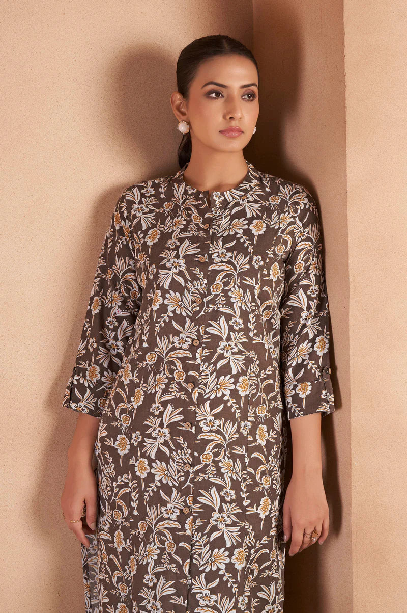 Turquoise Cotton Blend Floral Printed Kurta