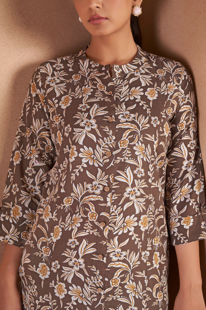 Turquoise Cotton Blend Floral Printed Kurta