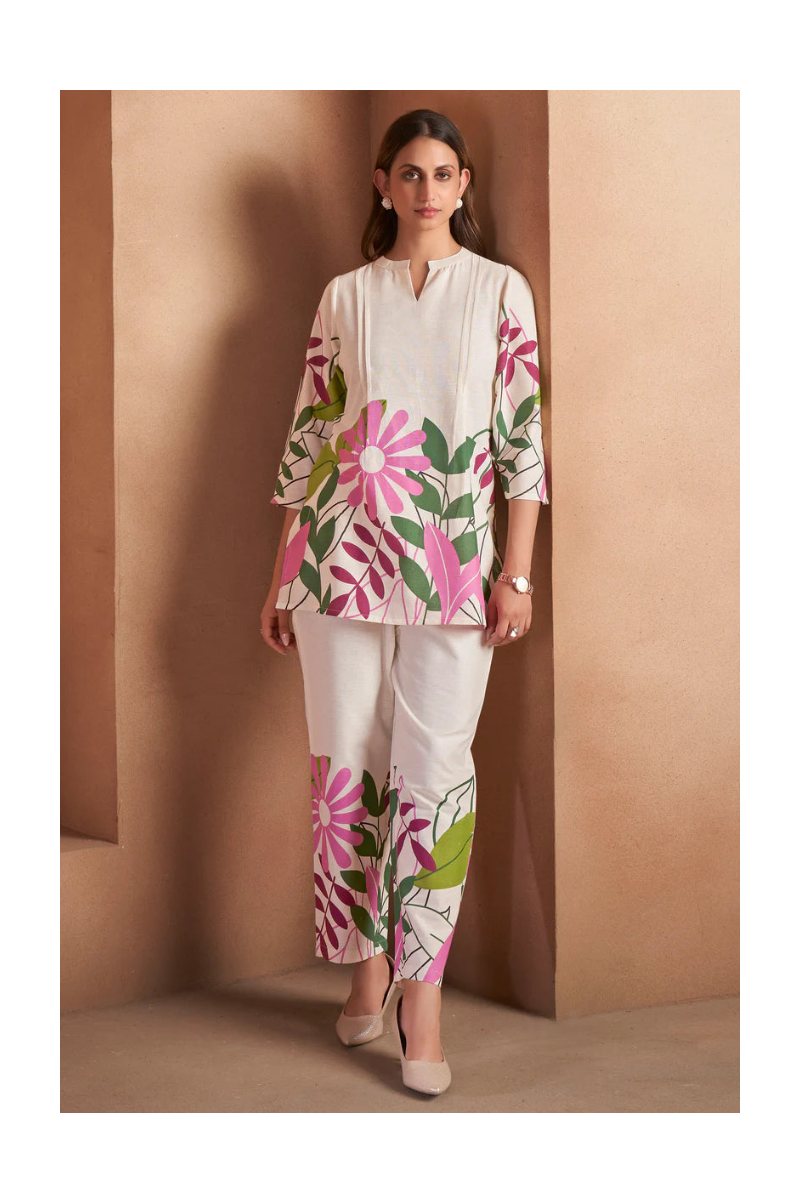 Off White Pure Cotton Floral Printed Co-Ord Set For Women