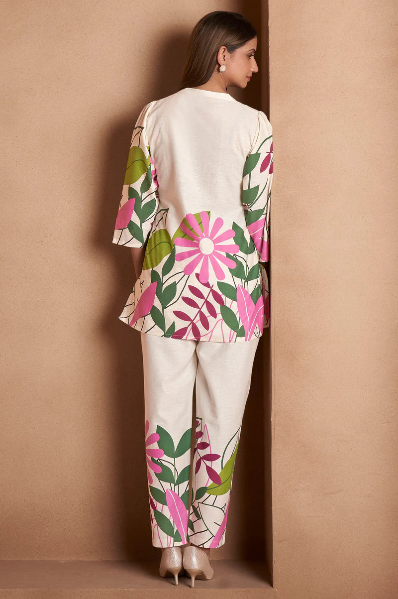 Off White Pure Cotton Floral Printed Co-Ord Set For Women