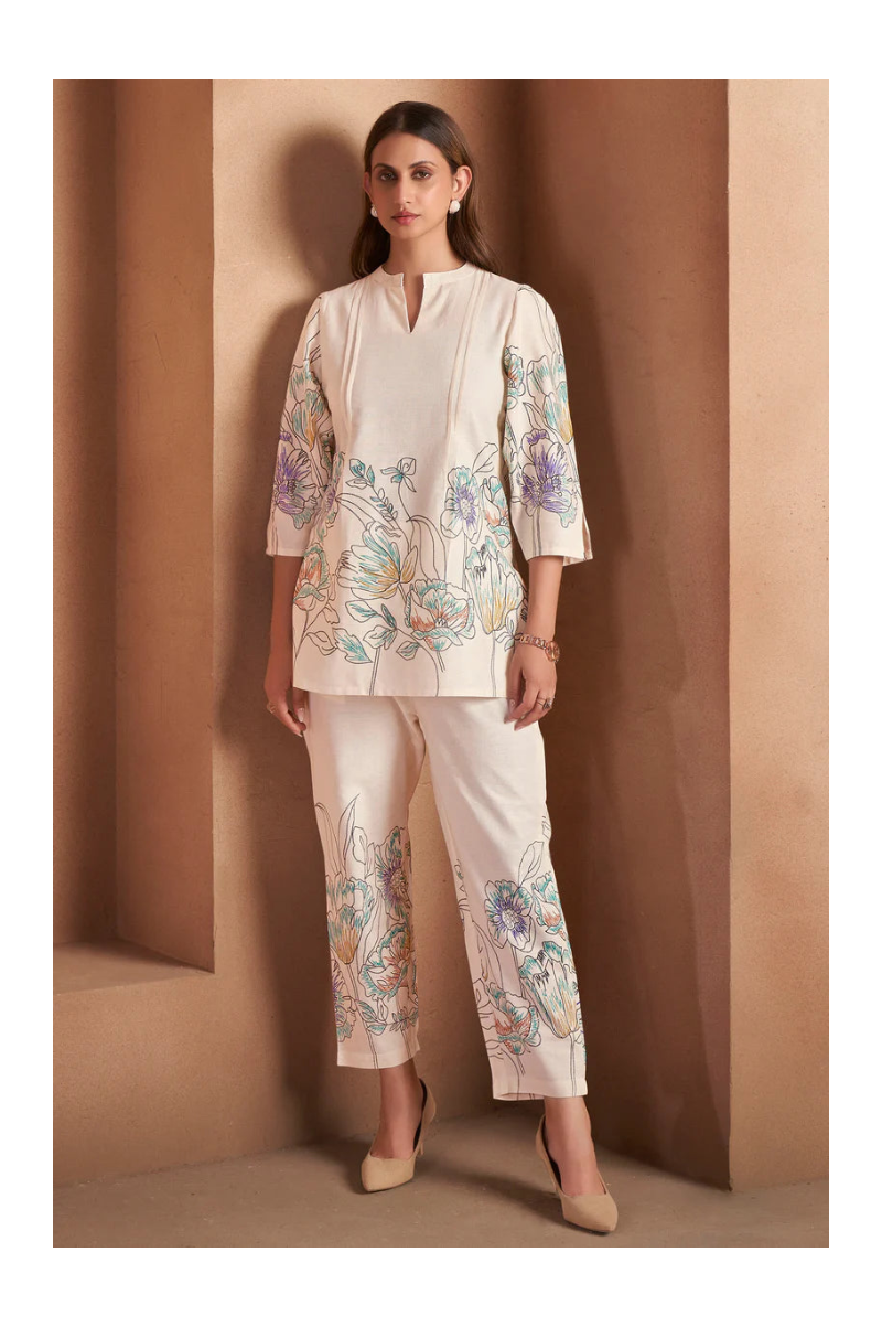 White Pure Cotton Floral Printed Co-Ord Set