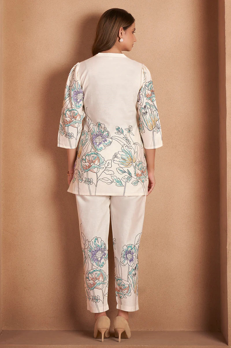 White Pure Cotton Floral Printed Co-Ord Set