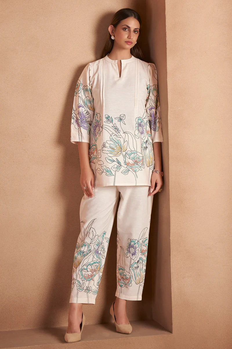 White Pure Cotton Floral Printed Co-Ord Set